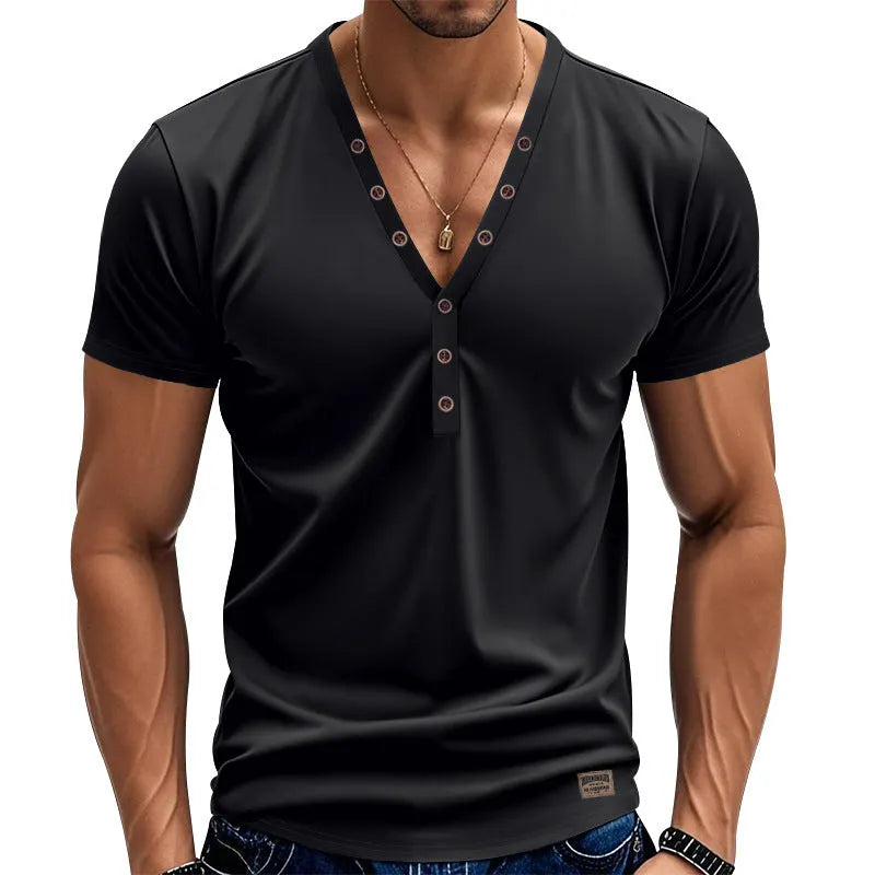 Men's loose fit V-neck pullover top with button details in polyester blend fabric for sports wear
