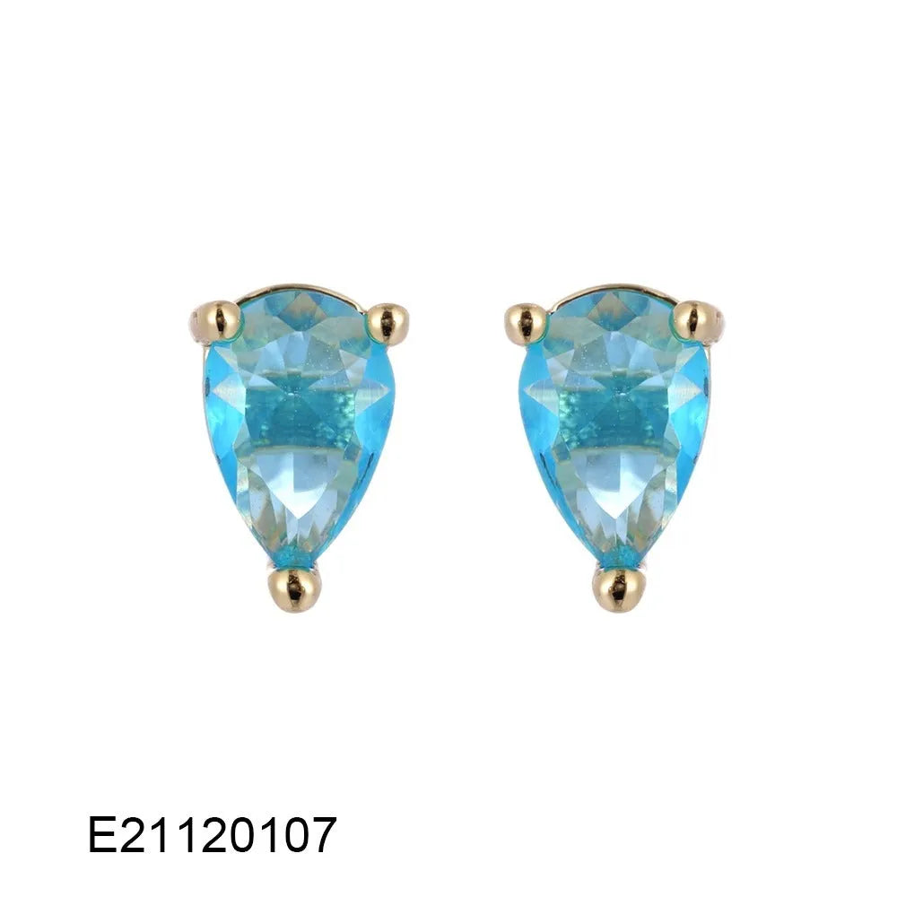 A pair of brass gold-plated drop earrings with a pear-shaped zircon stone, in a candy colour.