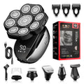 Black rechargeable 6-in-1 hair clipper grooming kit with multiple attachments laid out.