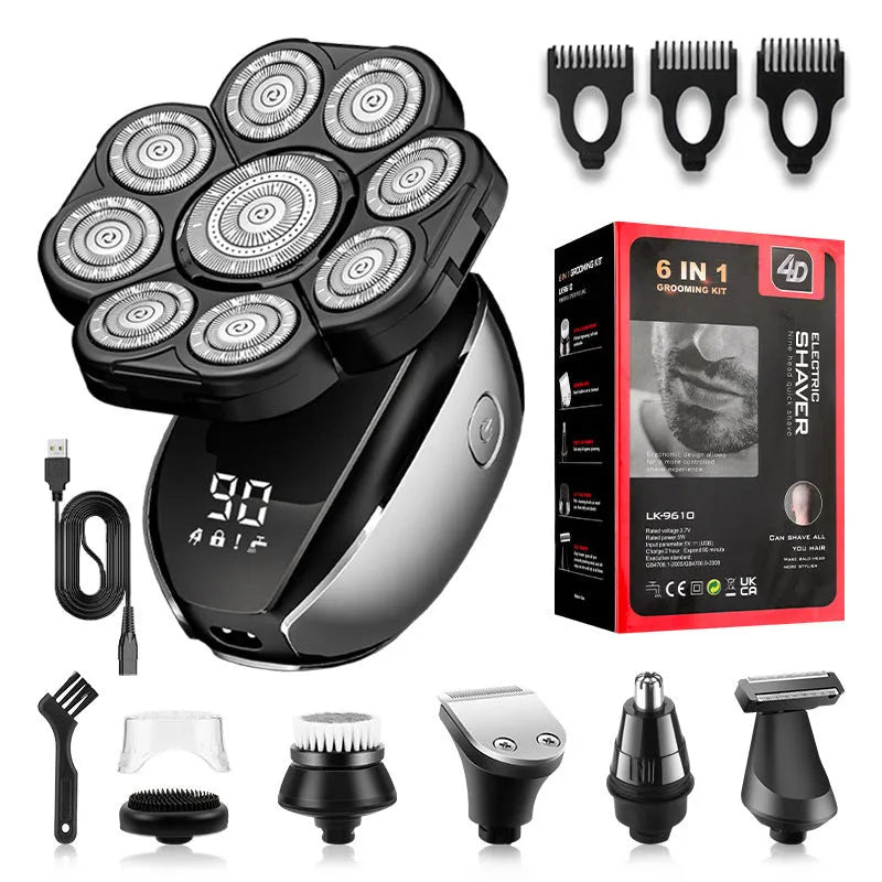 Black rechargeable 6-in-1 hair clipper grooming kit with multiple attachments laid out.