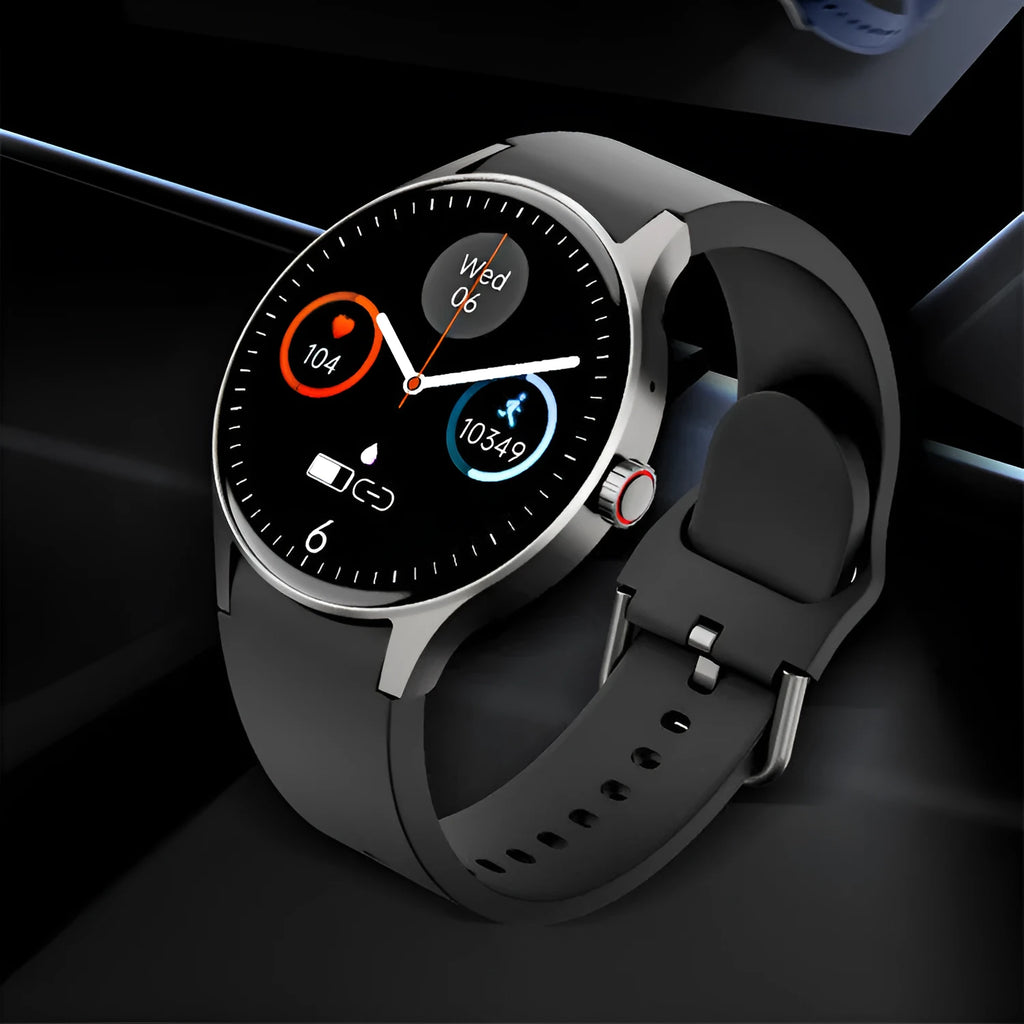 Smart Bluetooth sport watch with round touch screen showing display, IP68 waterproof rating