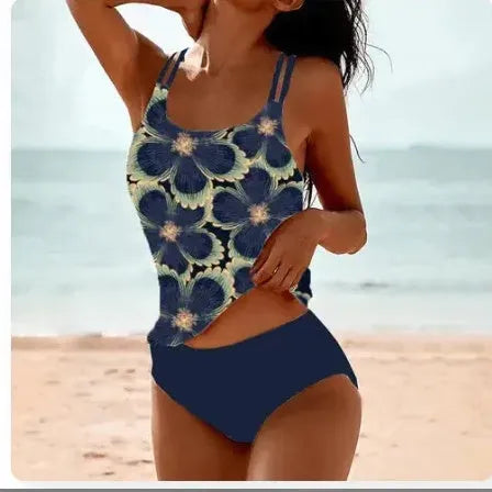 High waist swimwear briefs with vintage printed pattern and conservative coverage