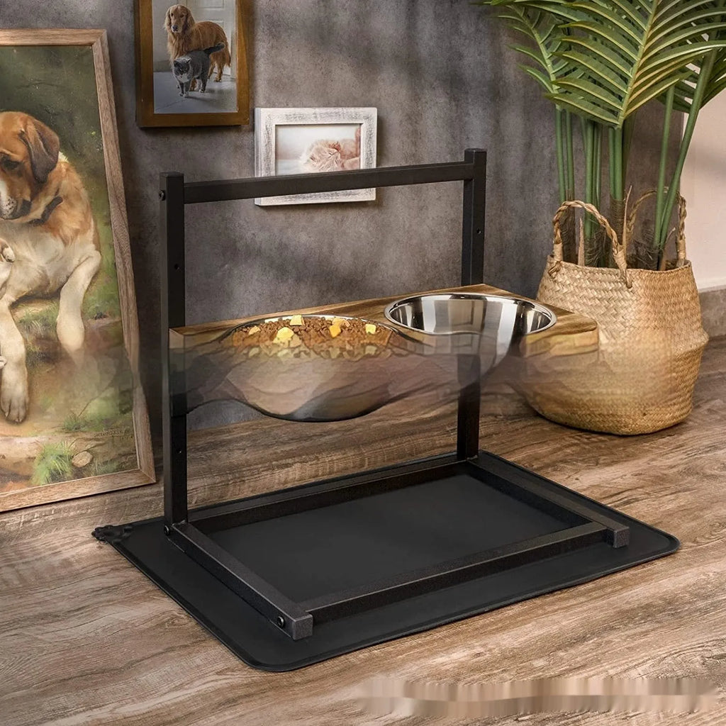Black iron dog bowl feeding station set with two bowls on a rack, showing three height adjustment levels.