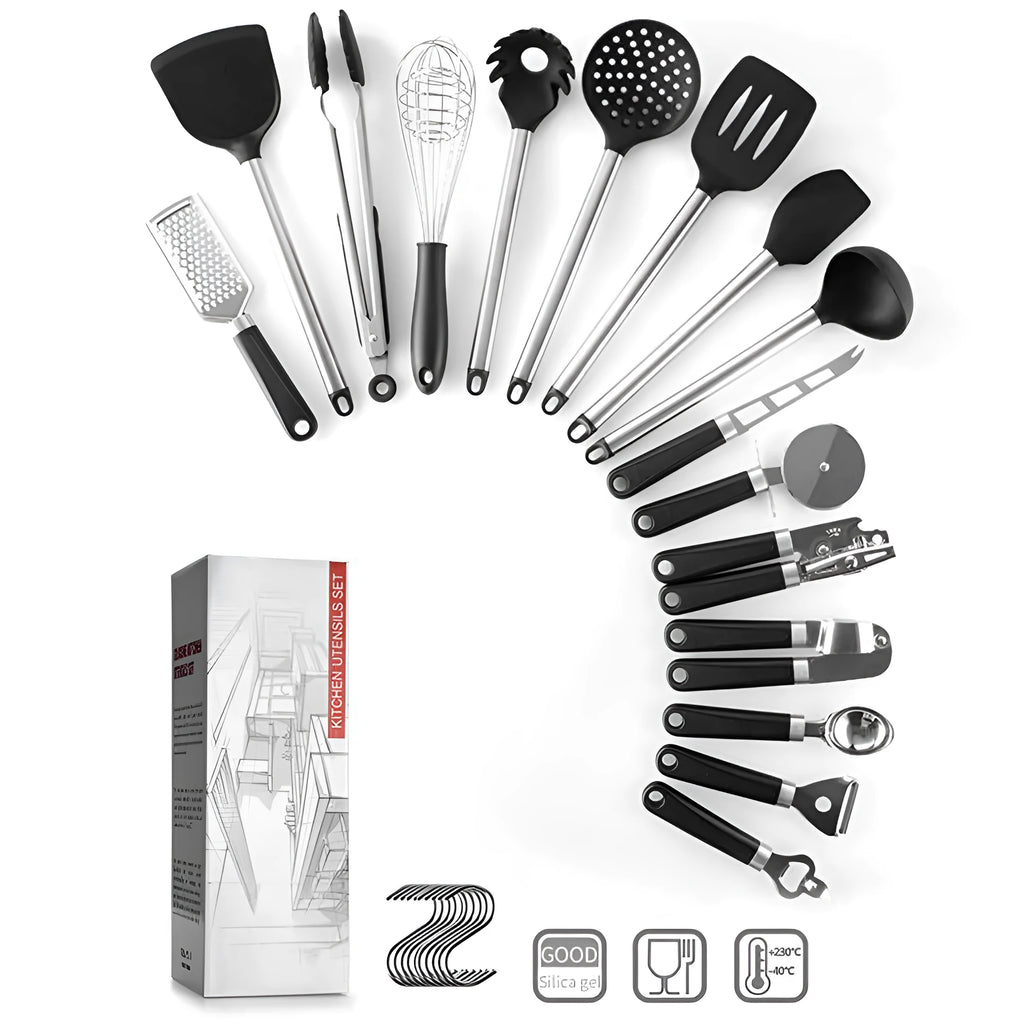 Black silicone spatula spoon set with stainless steel handles showing 16 kitchen utensils