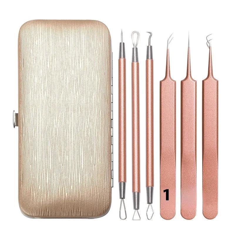 Six rose gold stainless steel acne removal tools arranged in set for facial pimple extraction
