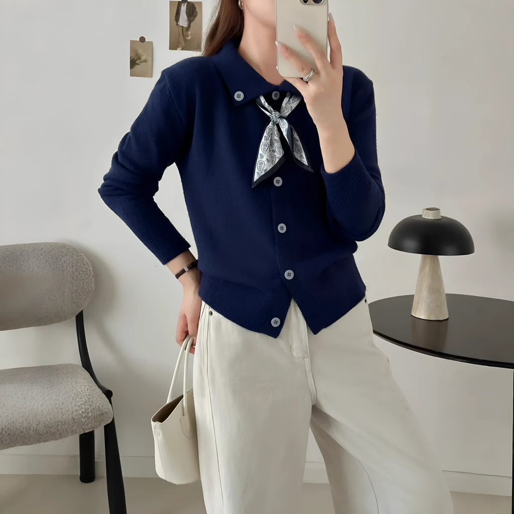 Women's beige lapel scarf cardigan sweater with long sleeves on hanger