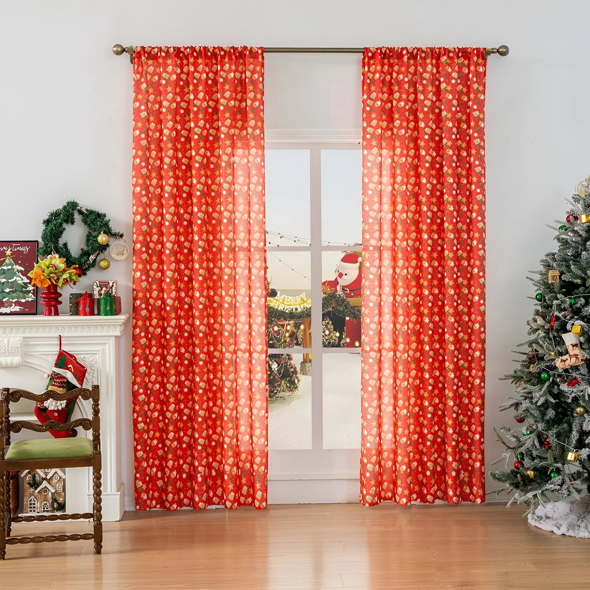 Christmas curtain with snowman and angel cartoon print in red or green, 1 metre length