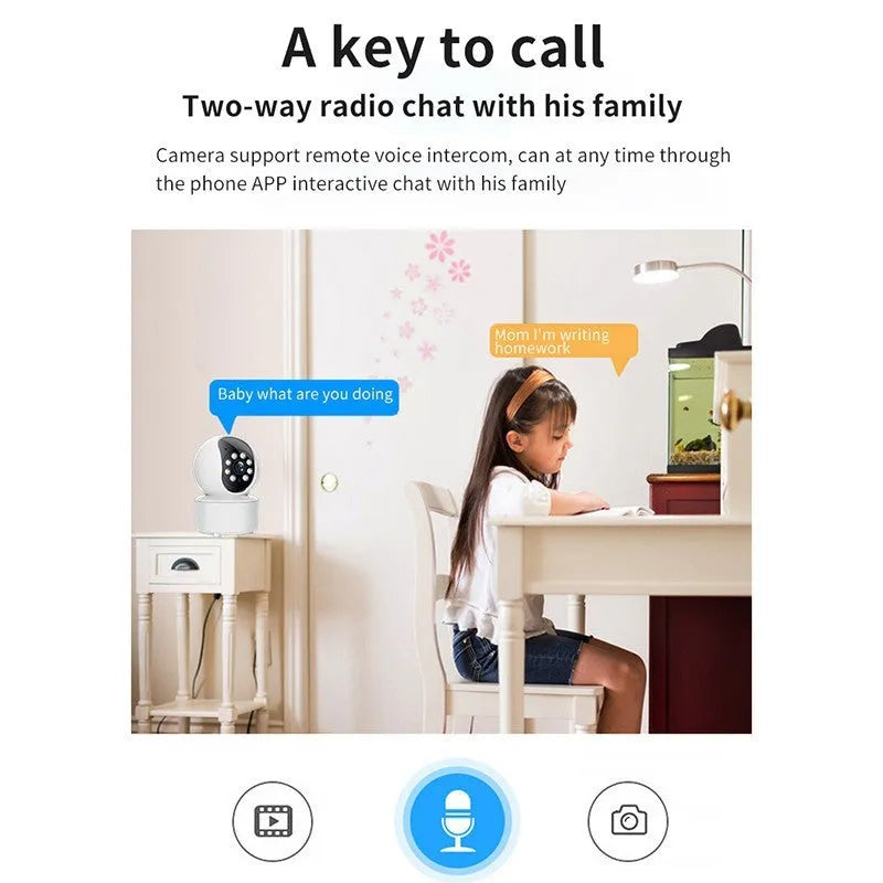 White 360-degree rotating indoor WiFi smart camera on a stand.