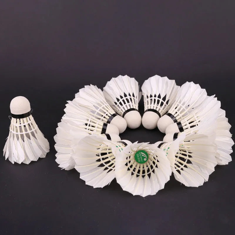 White nylon badminton shuttlecocks in a 12-piece pack on a bright background