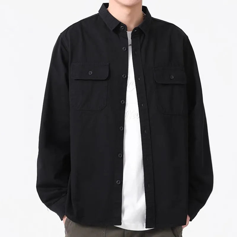 Men's loose fit long sleeve shirt overall in polyester fabric showing cardigan style and colour options