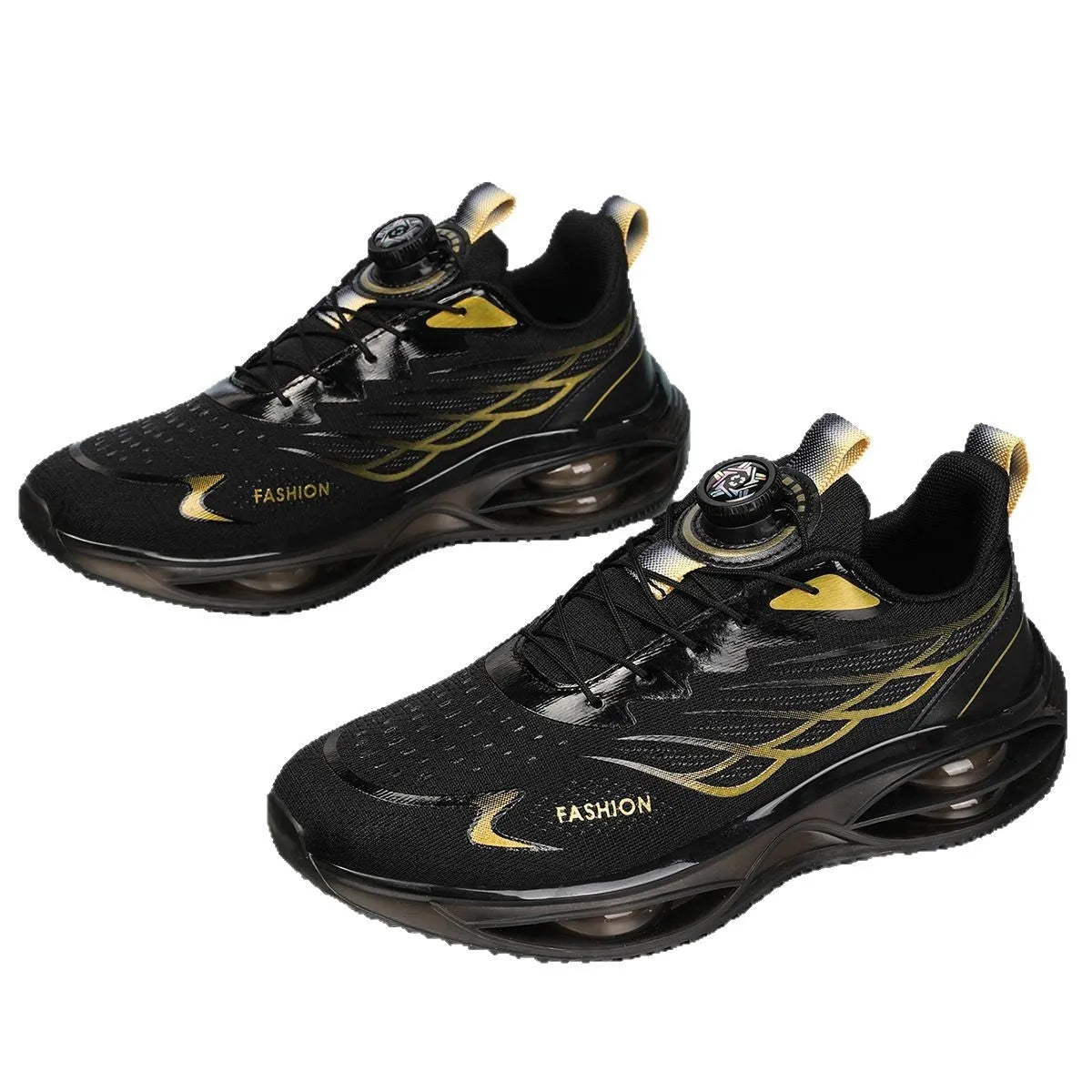Casual low top shoes with a PU mesh upper in black gold, showing a round toe and flat rubber sole.
