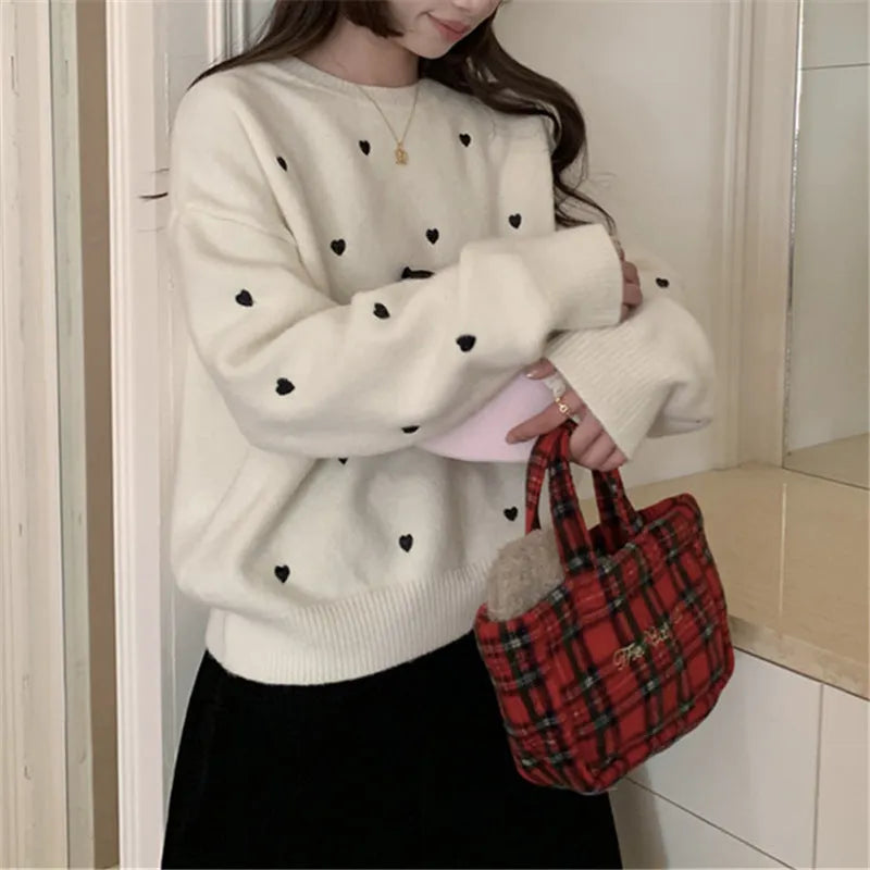 Women's cream crew neck acrylic sweater with love pattern embroidery and long sleeves