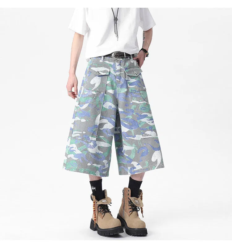 Denim camouflage cropped work trousers with straight leg cut and zipper fly