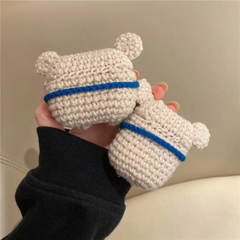 Handmade knitted koala bear backpack design cover for Apple AirPods case.