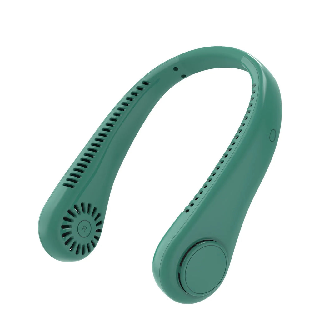 White rechargeable bladeless neck fan hanging around a person's neck showing minimalist plastic design