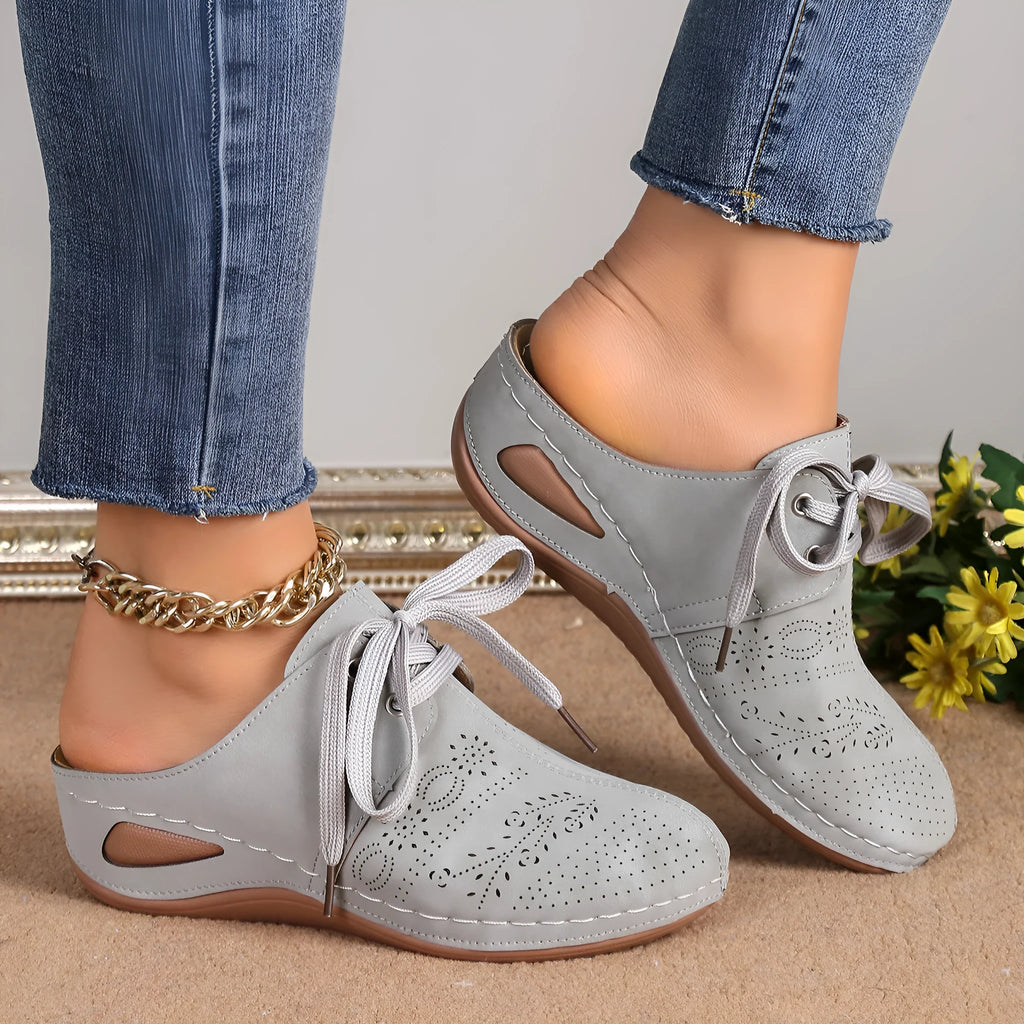 Women's lace-up wedge slippers in suede with hollow-out design and rubber sole