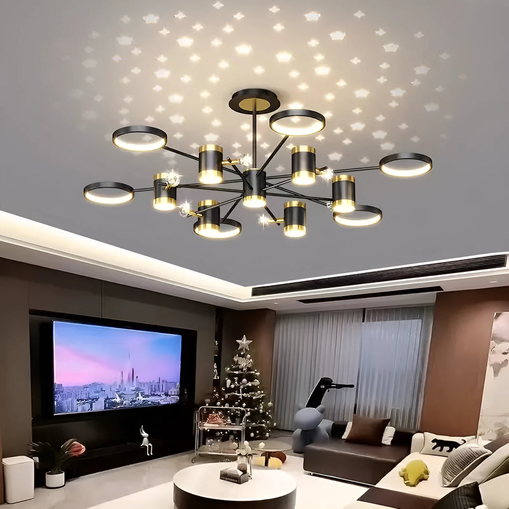 Black 13-head Nordic star iron chandelier with remote control on a table