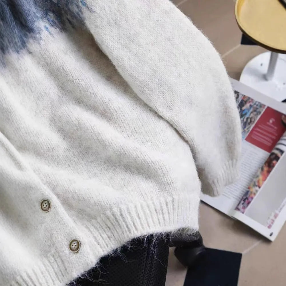Women's loose fit jacquard sweater coat in milky white colour