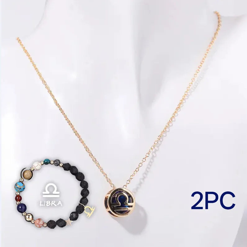 Natural stone beaded necklace and matching bracelet set laid flat, showing various bead colours and styles.