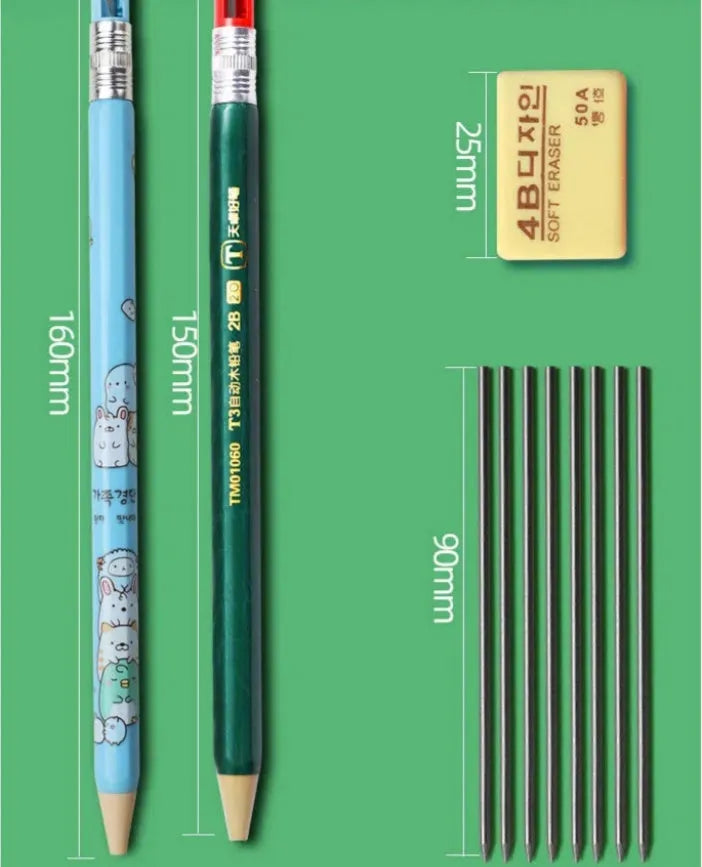 Children's mechanical pencil sets in cartoon colours with 2B hardness grade and replaceable thick cores