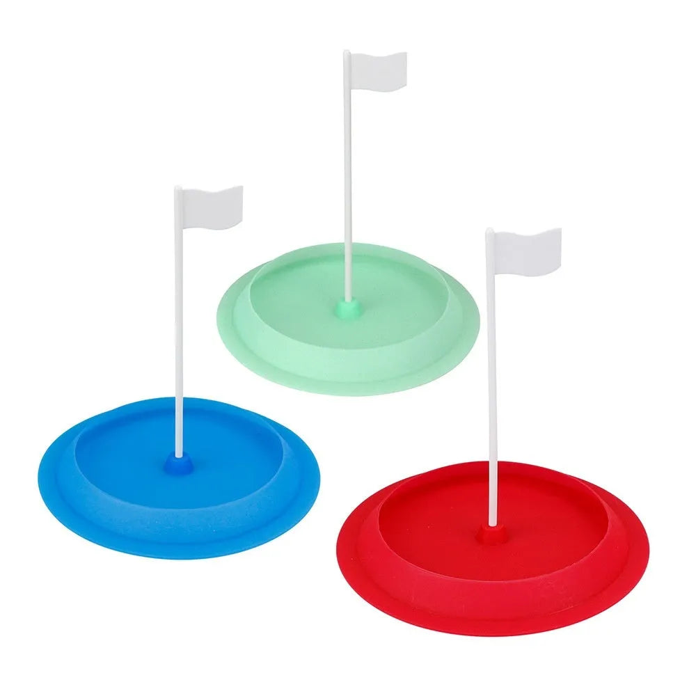 Rubber putter plate with 16cm diameter hole for indoor golf putting practice, shown in green.