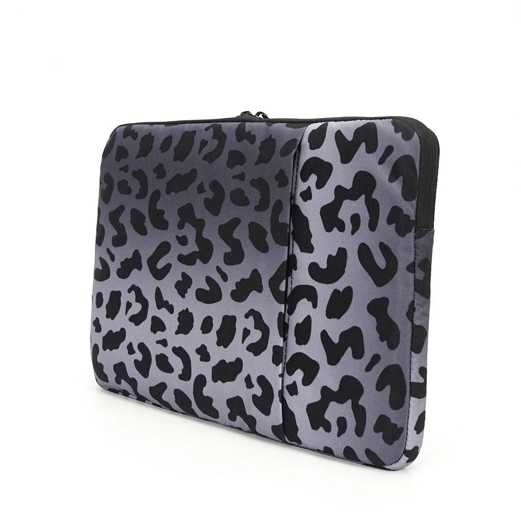 Leopard print polyester laptop sleeve for 13-inch to 16-inch devices with anti-shock protection