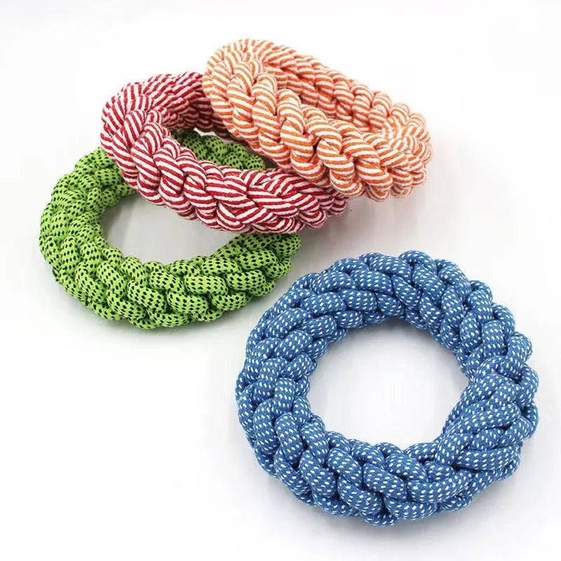 Cotton string braided ring dog toy with knotted design measuring approximately 18cm
