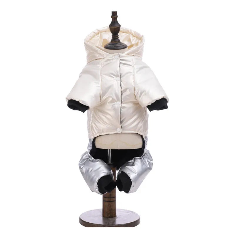 Green waterproof four-legged dog coat on a pet, showing full torso and leg coverage.