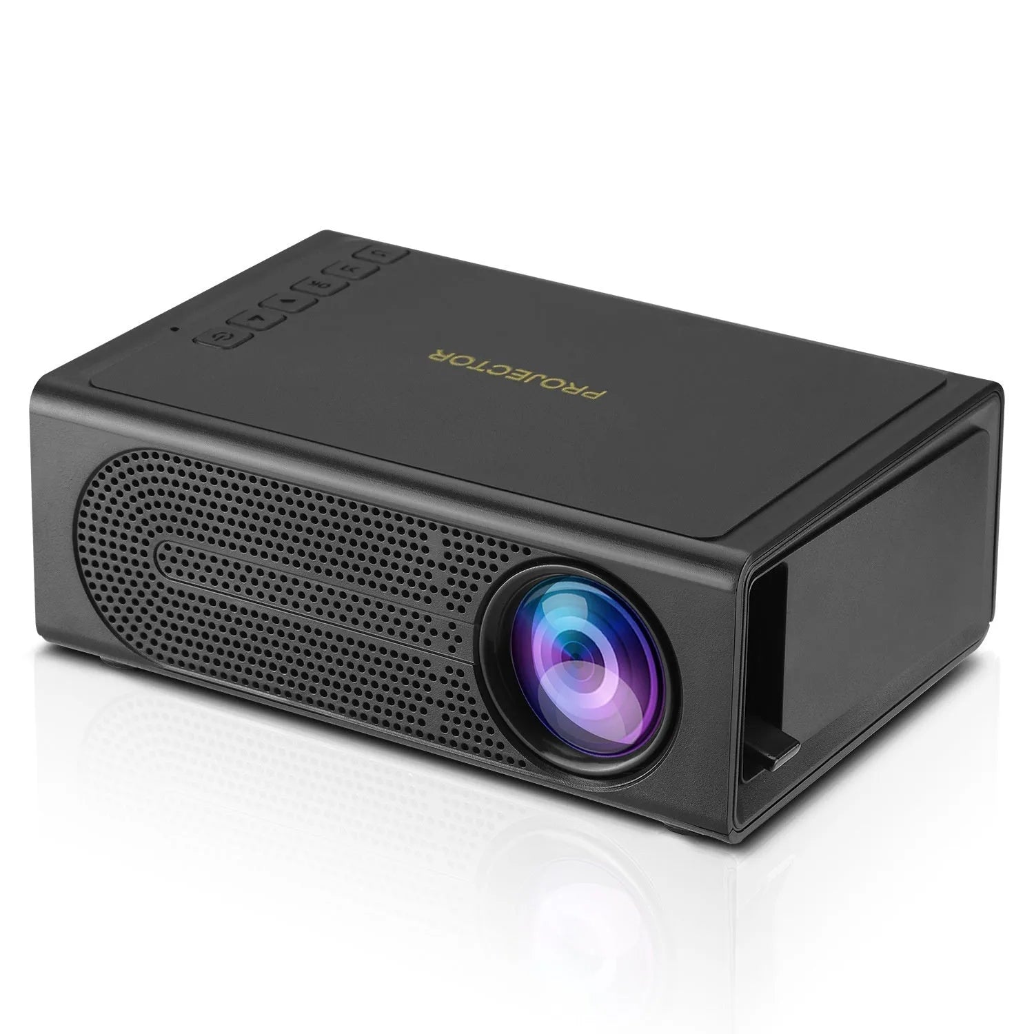 Black or white portable mini projector with wired mobile phone connection showing 320x240 resolution display