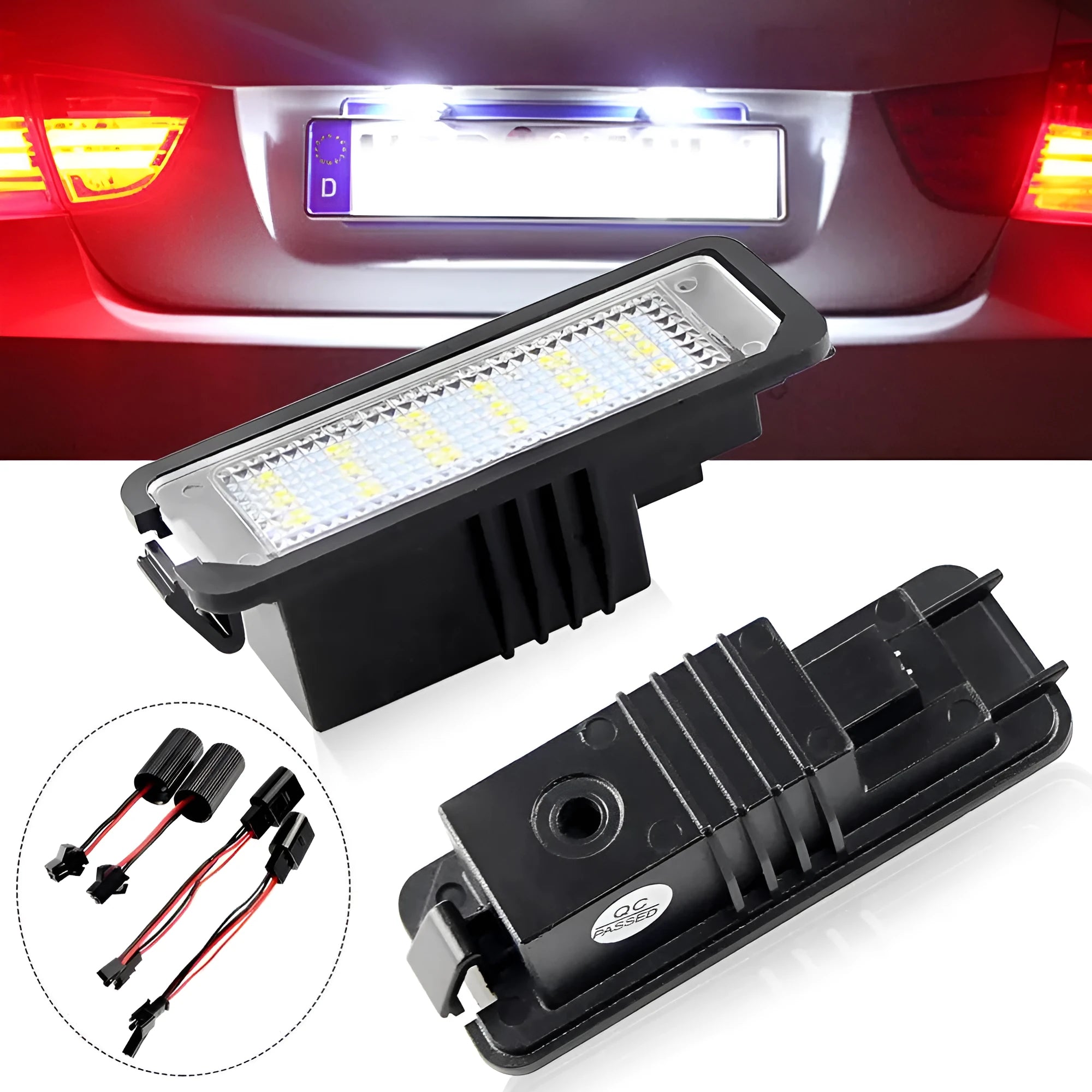 Volkswagen LED license plate light unit for Golf, Polo, Phaeton models with 24 SMD LEDs.