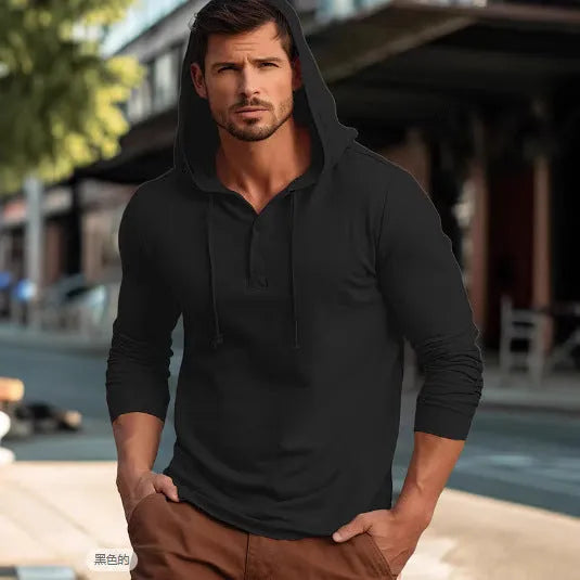 Men's casual cotton sports hoodie in dark blue colour, showing pullover style and long sleeves.
