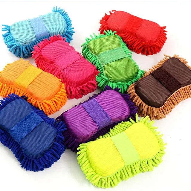 Silver green microfiber chenille car wash sponge measuring 14x25 cm