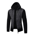 A grey men's hooded sweater coat with a cinched waist, made from wool corduroy for winter.