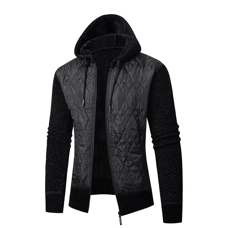 A grey men's hooded sweater coat with a cinched waist, made from wool corduroy for winter.