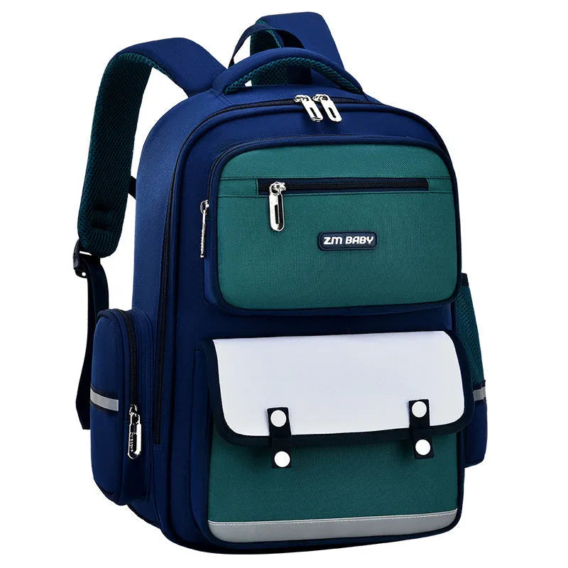 Primary school student schoolbag in Oxford cloth with burden alleviation, available in green, red, purple, and royal blue