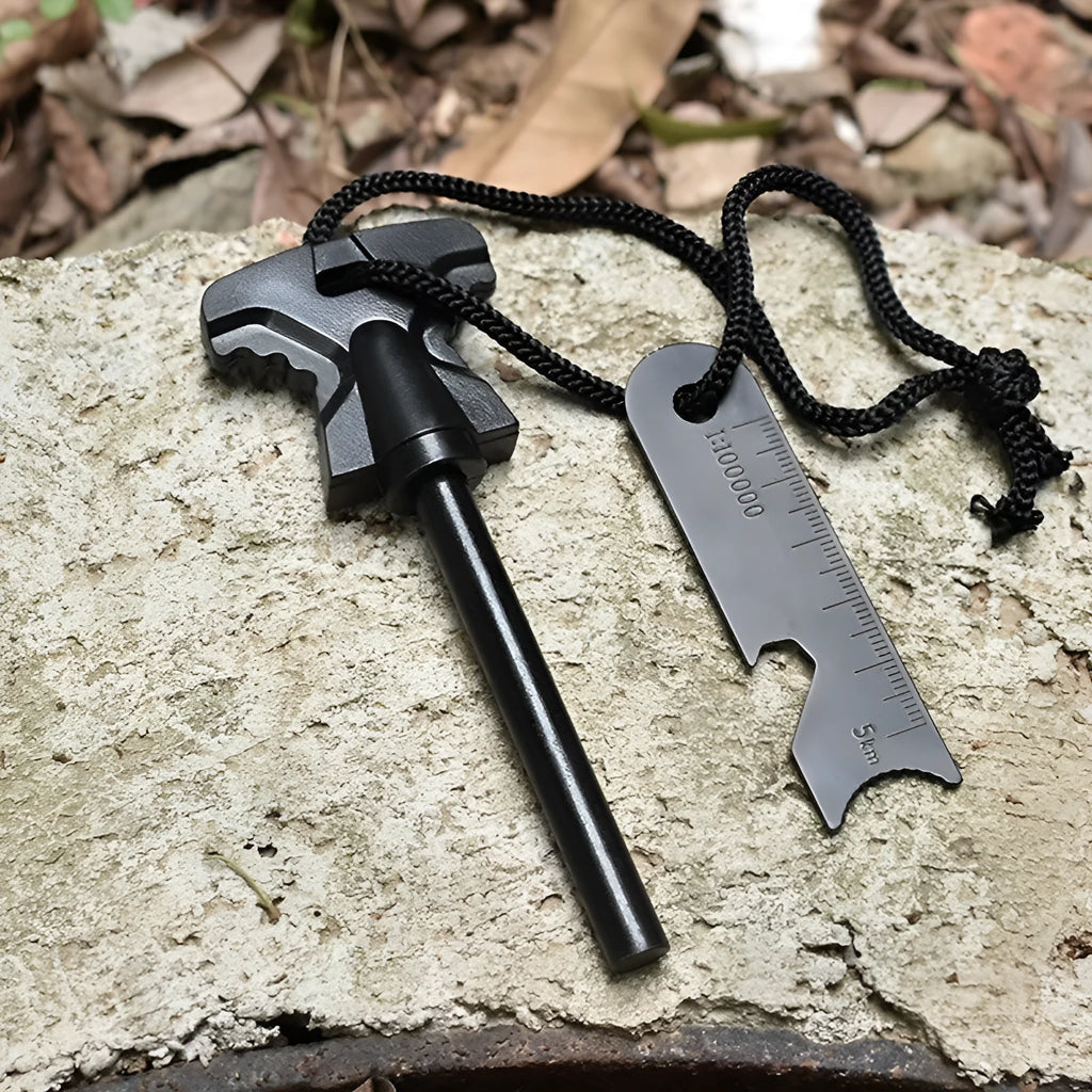 Butterfly-shaped stainless steel survival tool with firesteel, blade, and bottle opener.