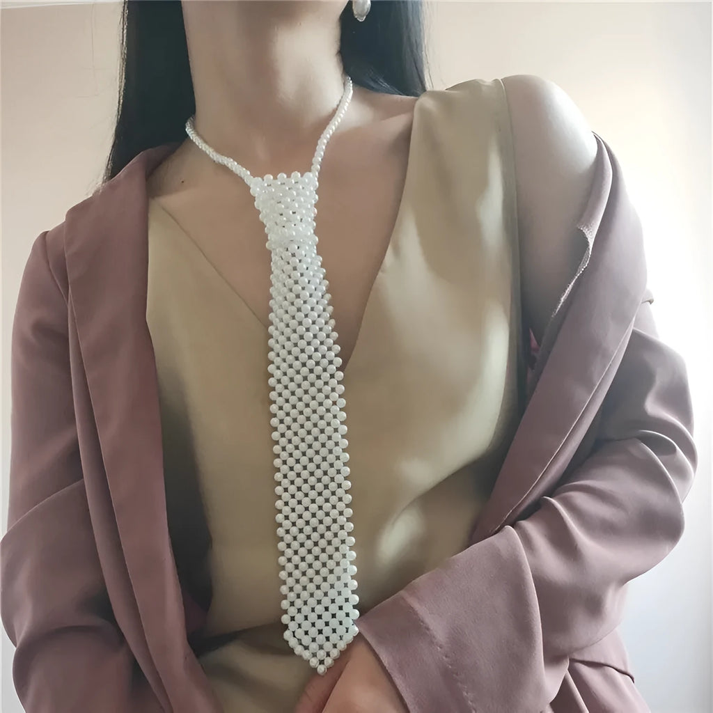 Handmade pearl tie body chain with hollow-out retro design and imitation pearl elements