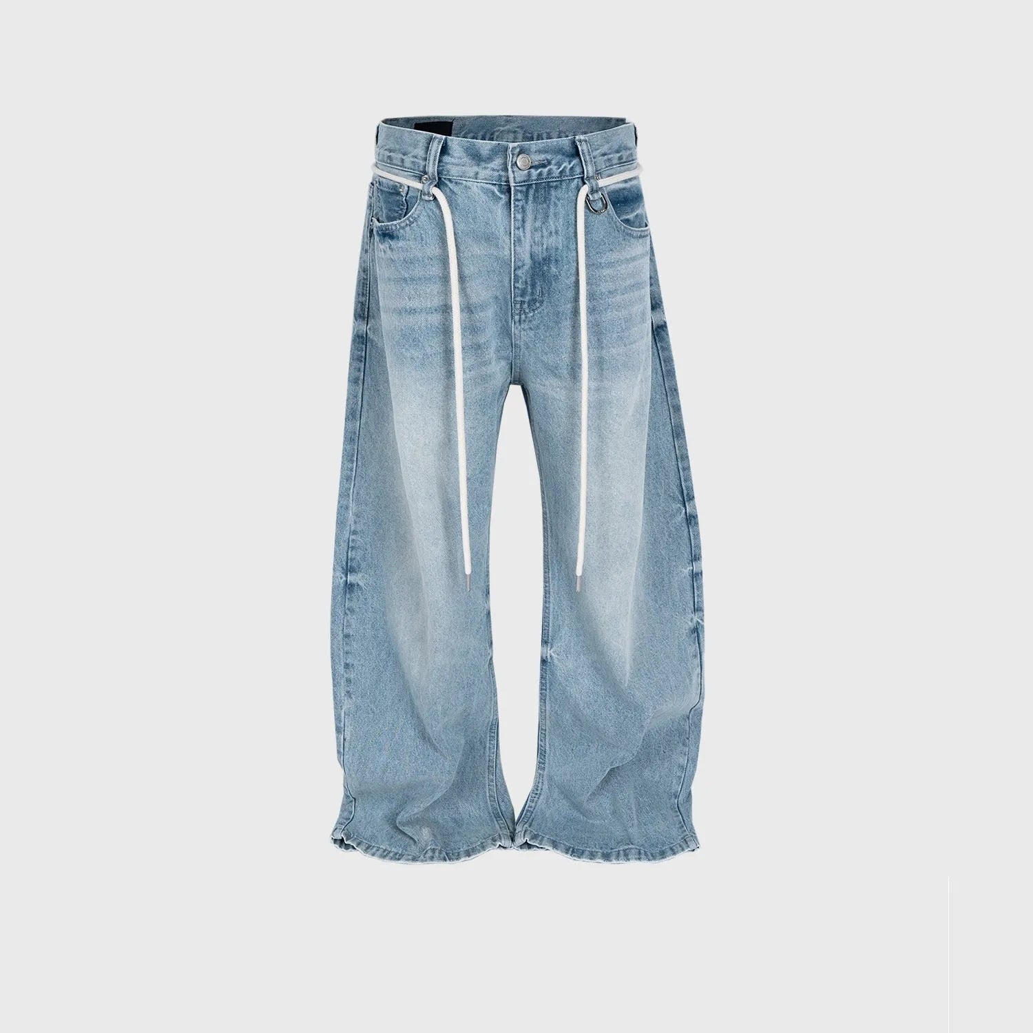 Blue vintage washed straight-leg denim trousers with drawstring waistband and zipper fly
