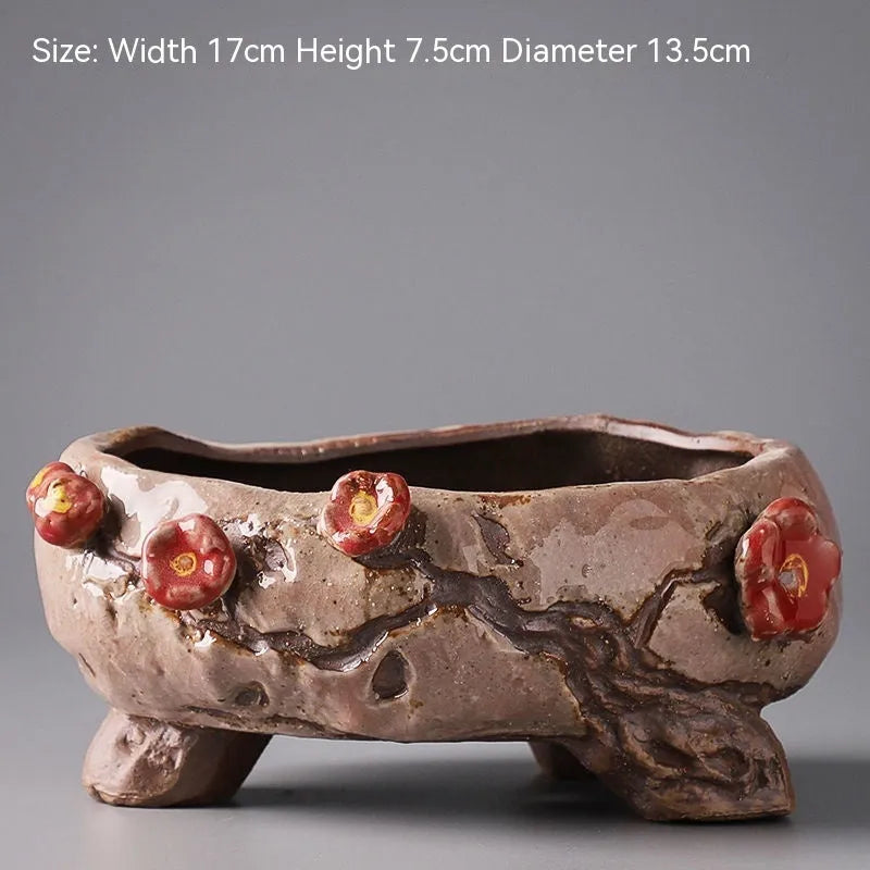 Large handmade ceramic flowerpot with pastoral hand-painted design for indoor plants