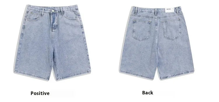 Men's casual denim shorts in straight-leg style with five pockets and zipper fly