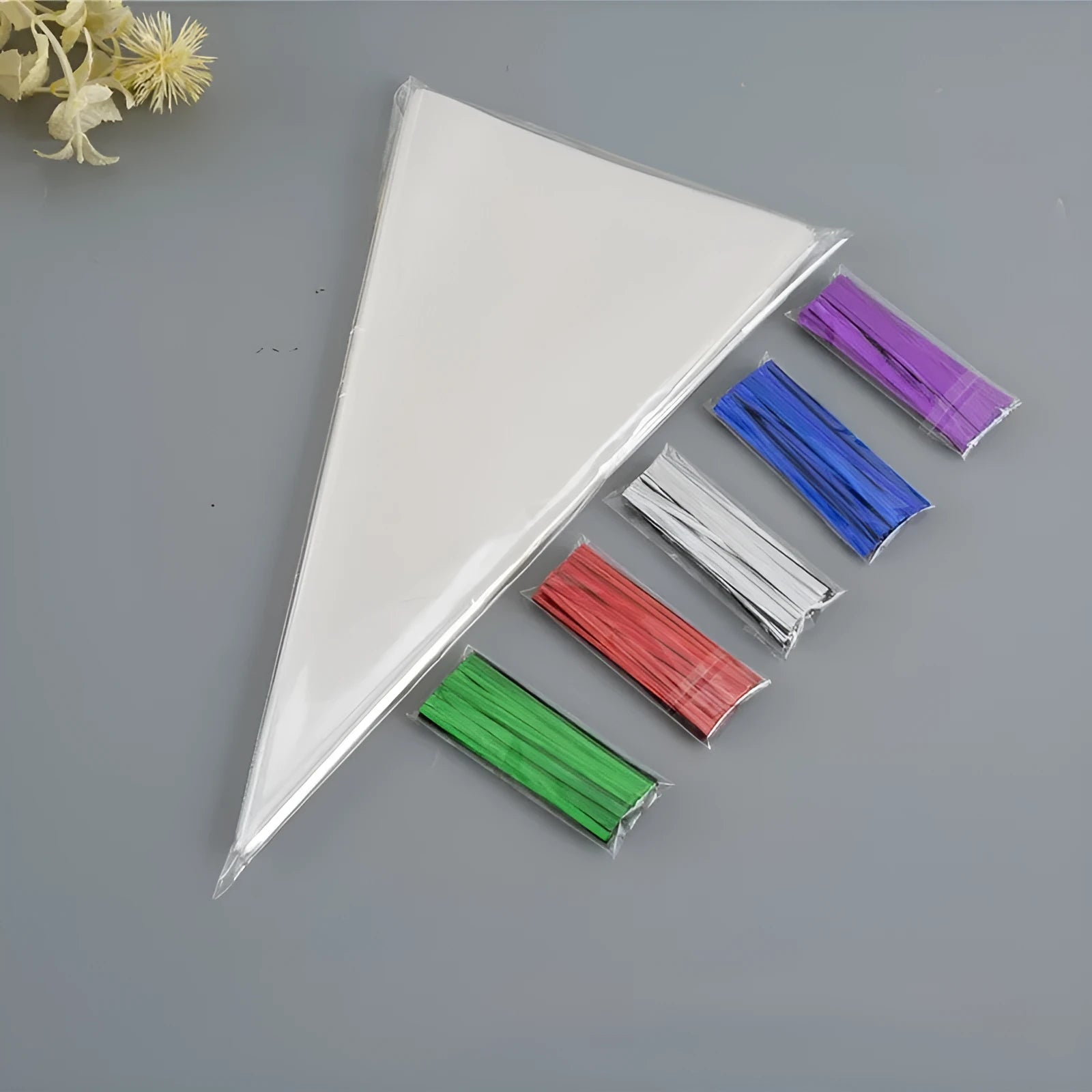 Clear triangle plastic packaging bag with a twisted wire tie closure on a white background.