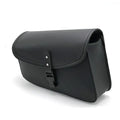 Black PU leather motorcycle swingarm bag mounted on Harley Sportster showing dimensions