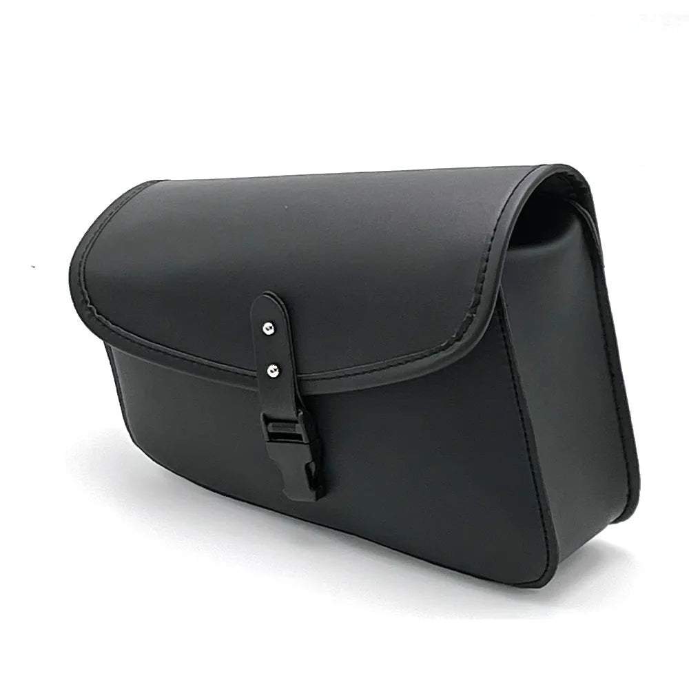 Black PU leather motorcycle swingarm bag mounted on Harley Sportster showing dimensions