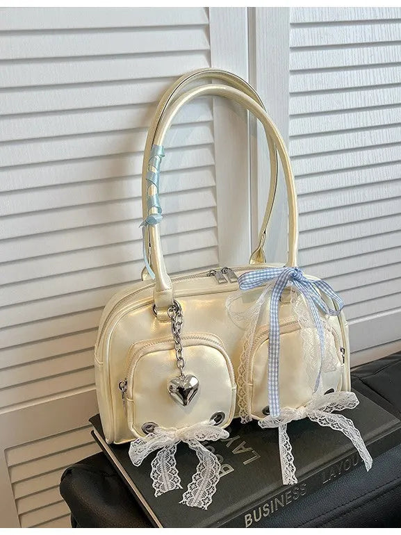 Large capacity beige PU leather casual shoulder bag with double straps and interior mobile phone compartment
