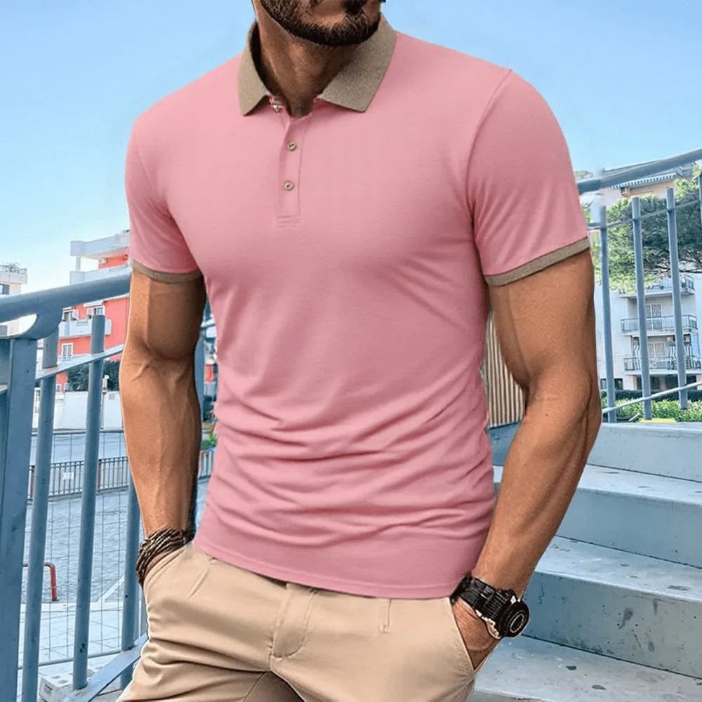 Men's short sleeve polo shirt with flocking print in ice silk fabric available in multiple colours