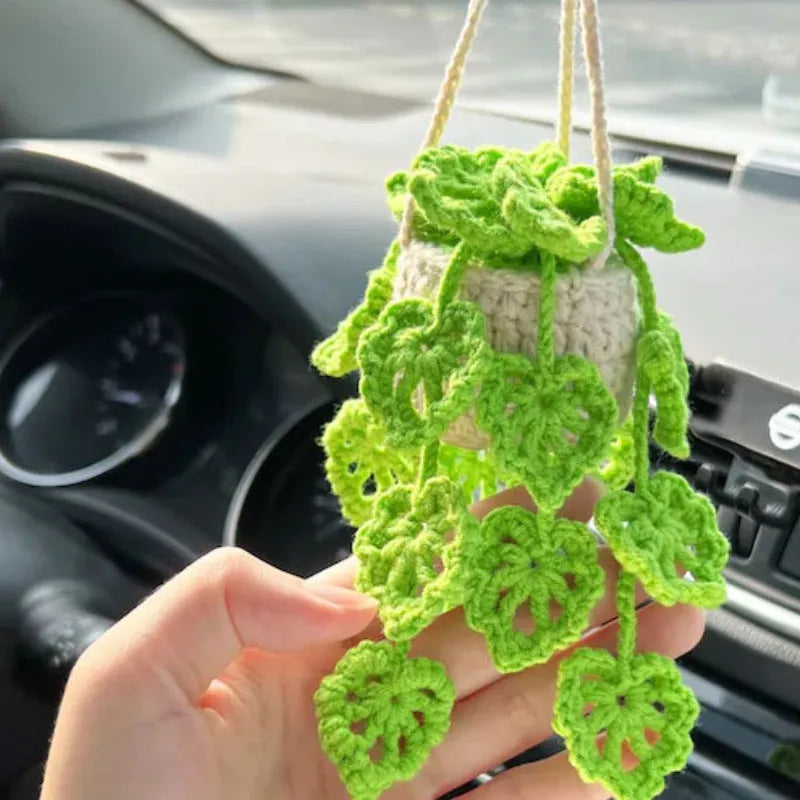 Green and white knitted wool car plant decoration with 8cm base and 25cm hanging rope