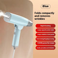 Blue handheld garment steamer with water tank and temperature controls for clothes steaming
