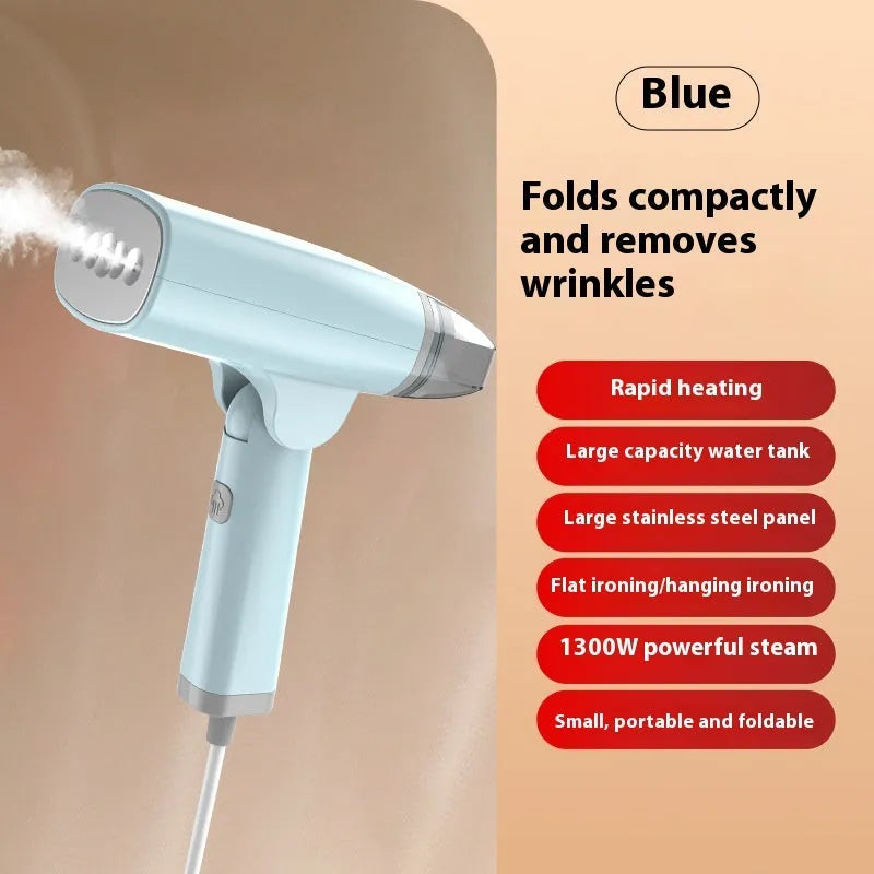 Blue handheld garment steamer with water tank and temperature controls for clothes steaming