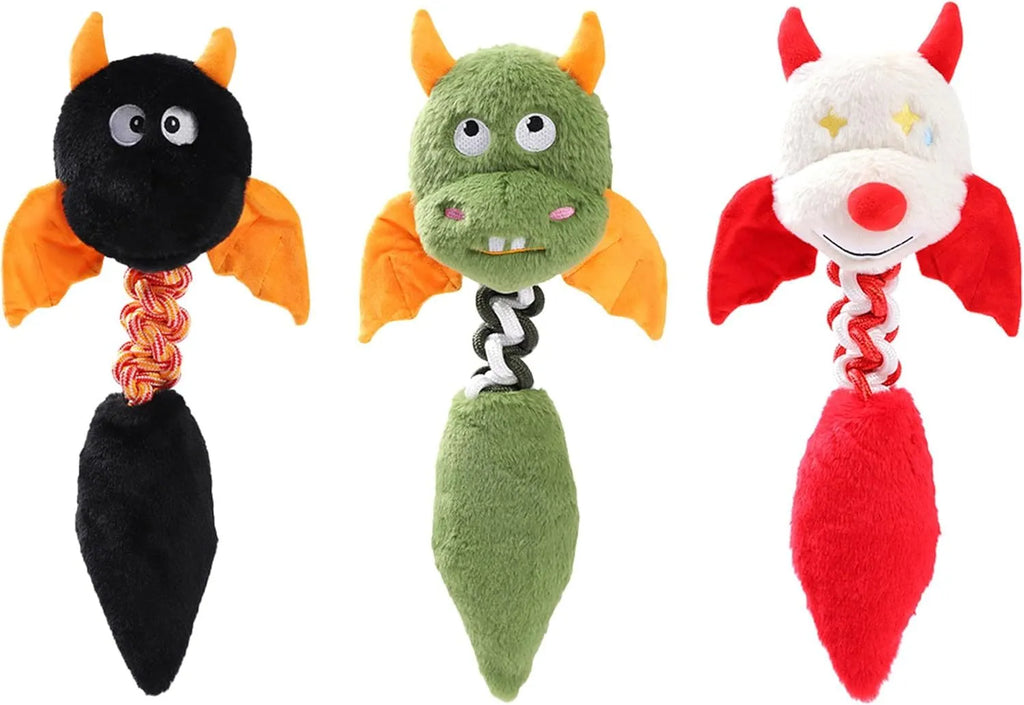 Plush dog toy with cartoon design in assorted colours showing squeaker and rope knot details