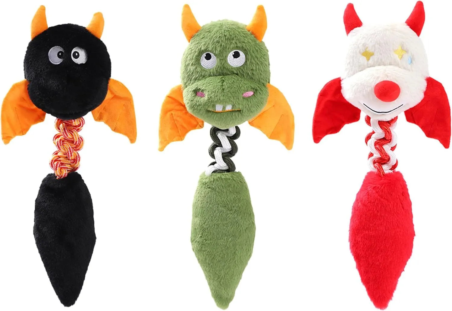 Plush dog toy with cartoon design in assorted colours showing squeaker and rope knot details